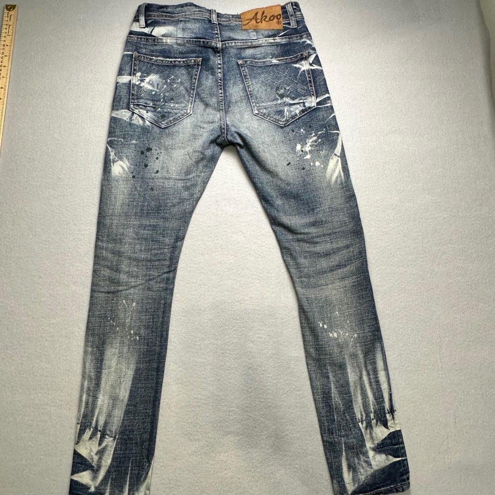 AKOO Slim Fit Jeans Mens 30 Blue Acid Wash Paint Splatter Streetwear Denim - Picture 3 of 15